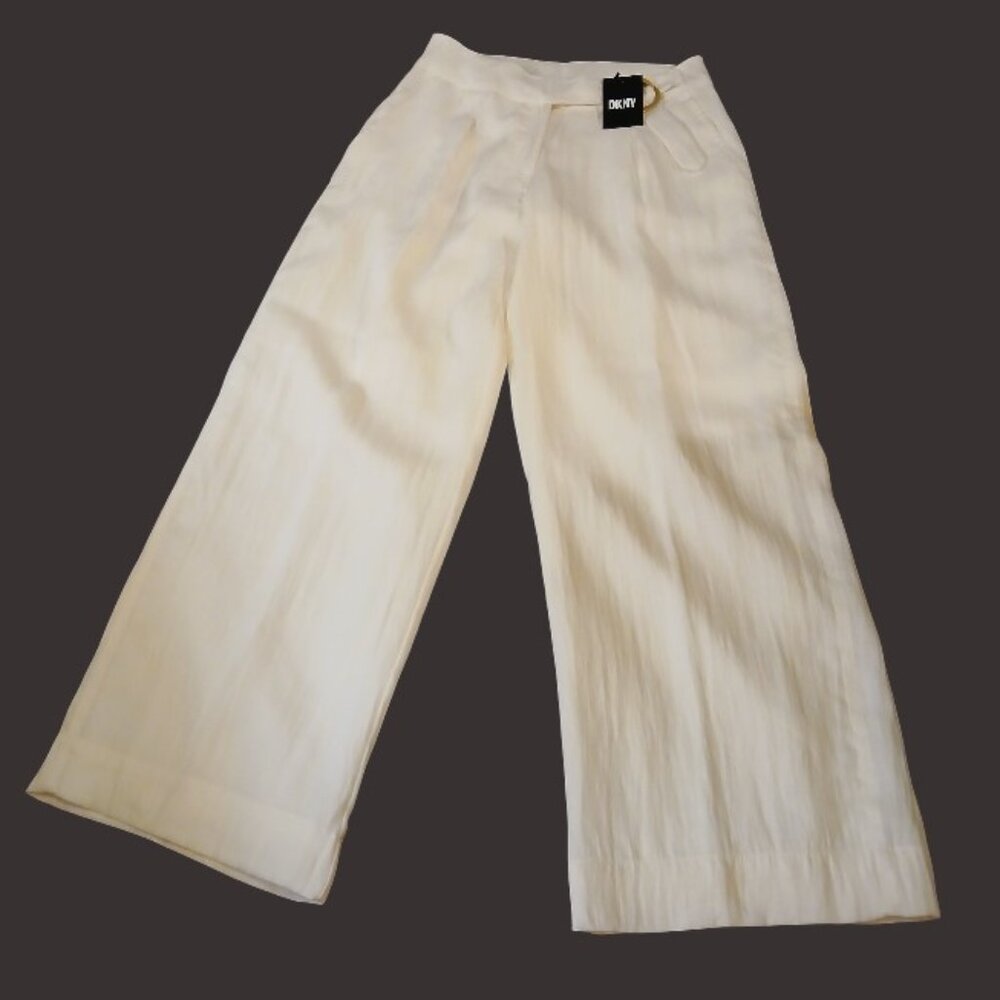 DKNY White High Waist Wide Leg w/Gold Buckle Trousers 6 - Picture 3 of 12
